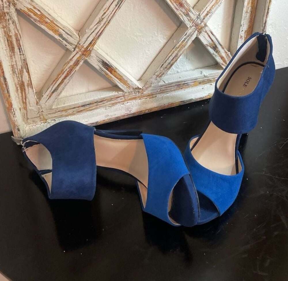 Sole Society Blue Suede Colorblock Open Toe Ankle Strap Heels size 7.5